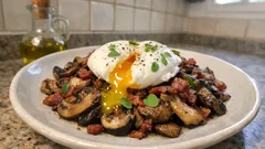 Setas salteadas con bacon y huevo escalfado: una cena rápida con pinta de restaurante