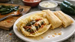 Tamales de rajas con queso: masa esponjosa y relleno de poblano en salsa de tomate
