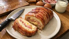 Pastel salado de pan de molde al horno: jamón, queso y bacon en capas
