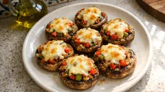Champiñones rellenos vegetarianos al horno: jugosos, con verduras pochadas y gratinado fácil
