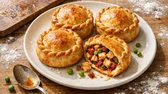 Empanadas mallorquinas (panades) de pollo con guisantes y sobrasada: masa casera y relleno jugoso