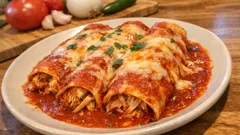 Entomatadas de pollo al horno: tortillas jugosas con salsa de tomate y queso fundido