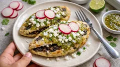 Tlacoyos hidalguenses de frijol: doraditos en comal y con salsa verde casera