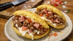 Arepas rellenas de carne molida y mayonesa: doradas por fuera, jugosas por dentro