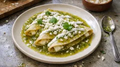 Entomatadas verdes sin picante: tortillas en salsa de tomatillo, cremosas y fáciles
