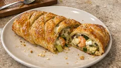 Hojaldre trenzado de puerro, calabacín, queso de cabra y gambas: crujiente y fácil