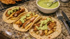 Tacos de milanesa crujiente con salsa verde cremosa (y papas dentro, si te animas)