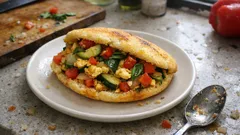 Arepas vegetarianas en sartén: doradas por fuera y con relleno jugoso de verduras y huevo