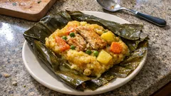 Tamales colombianos de pollo en hoja de plátano: masa tierna y relleno jugoso